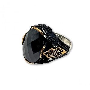 AgaKulche Silver Men&lsquo;s Black Stone Double Spear Ring