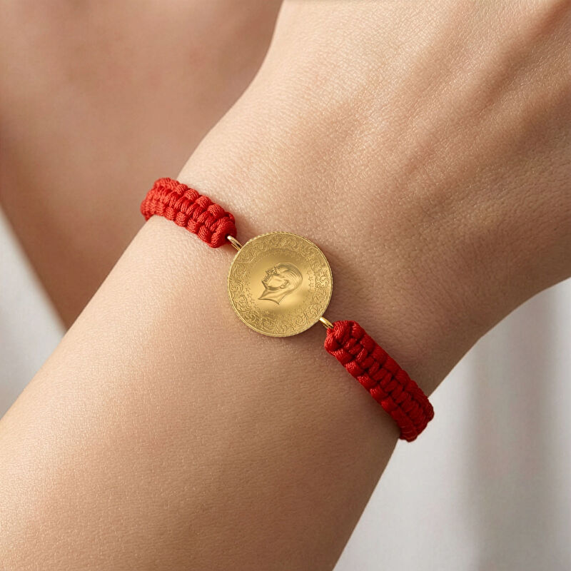 AgaKulche 22 Ayar &Ccedil;eyrek Altınlı Kırmızı İpli Bileklik