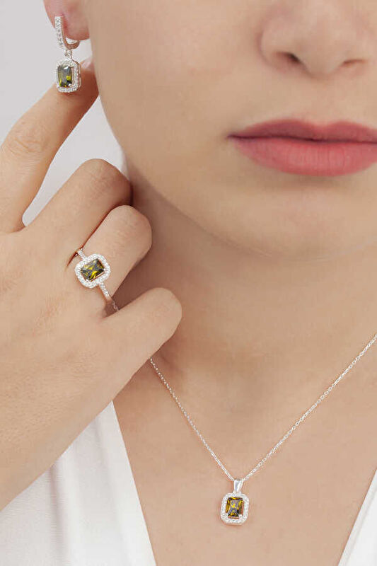 AgaKulche Baguette Stone Silver Square Model Jewelry Set S6-KO (925)