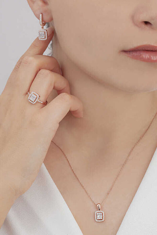 AgaKulche Baguette Stone Silver Jewelry Set Rose S32-RB (925)