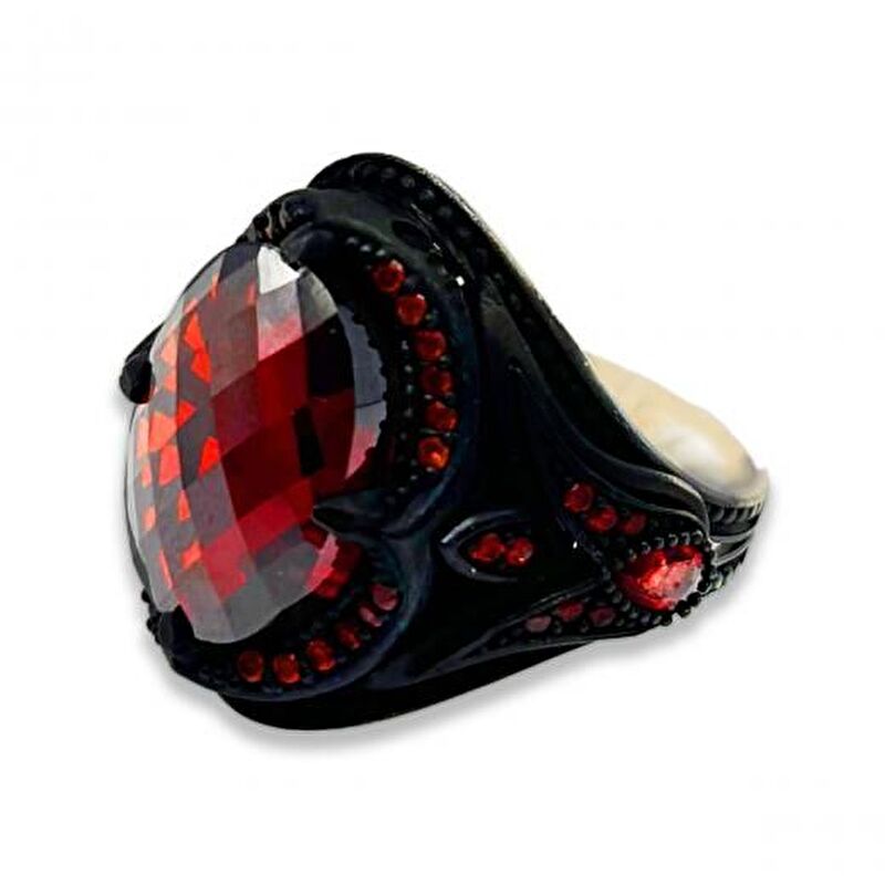 AgaKulche Silver Men‘s Red Stone Tulip Pattern Ring